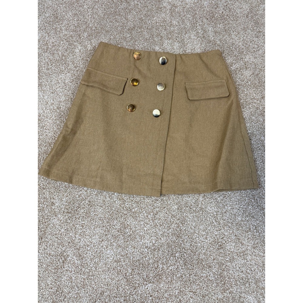 SHEIN Women‎ Khaki Skirt Tan Double Breasted Gold Button A-Line Mini S Academia